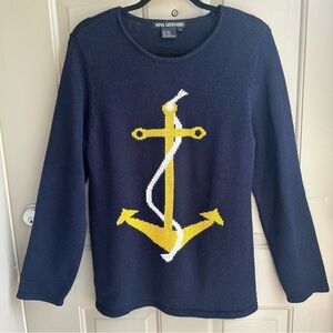 Nina Leonard Navy Sweater with Yellow Anchor Design
